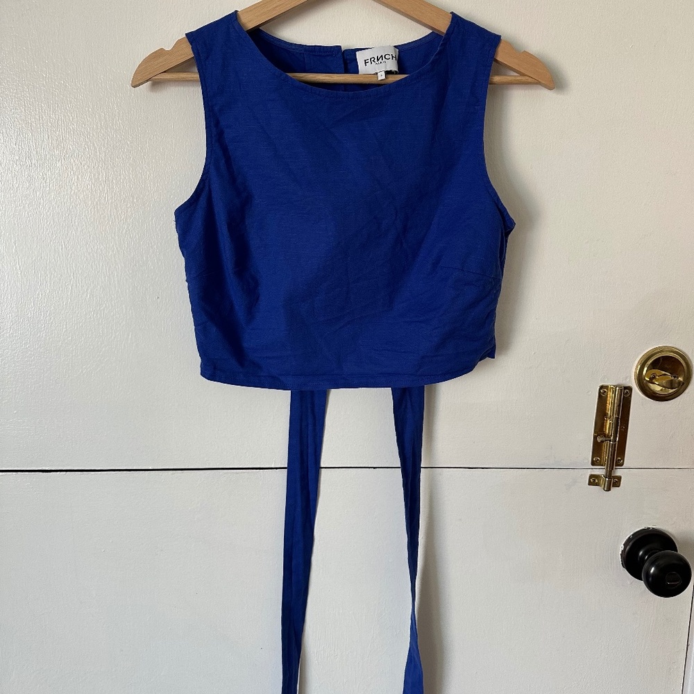 FR ИCH Paris Royal Blue Linen Cropped Sleeveless Tie-back Shirt